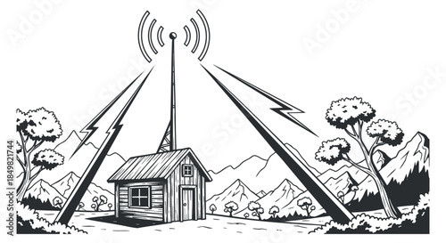 A radio transmission tower with waves and a wooden cabin in an outline style landscape, suitable for technology and communication projects