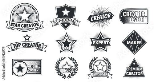 A collection of star-themed badges and labels in black and white vector style, ideal for creative branding and recognition