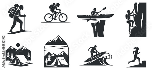 A collection of outdoor adventure icons including hiking, biking, kayaking, and climbing in black and white graphic style, ideal for adventure sports branding