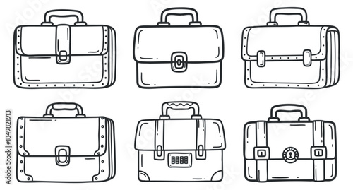 A collection of six hand-drawn briefcases in black outline vector style, perfect for business and travel-related designs