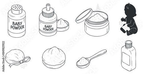 A set of baby powder and care products including bottles, jars, and spoons in minimalist outline vector style, ideal for parenting and baby care illustrations