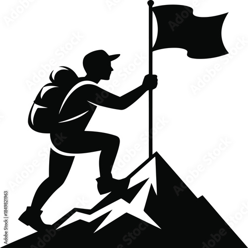 Climbing to Conquer: A determined figure plants the flag atop a rugged mountain peak, symbolizing triumph over adversity and reaching new heights.