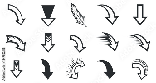 A collection of diverse downward arrows in black and white vector style, suitable for graphic design and navigation purposes