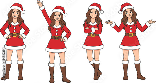 Four Women in Santa Outfits Posing with Different Gestures Keywords: christmas, santa, women, female, outfits, posing, gestures
