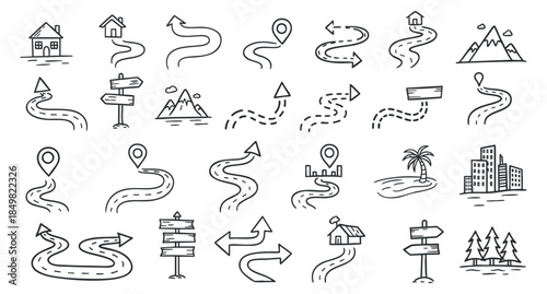 A collection of road and navigation icons including signs, paths, and landscapes in a minimalist black and white vector style, perfect for travel and map design