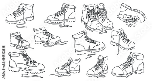 A collection of hiking boots in black and white line art vector style, perfect for outdoor adventure themes and fashion design