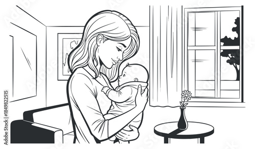 A mother holding her baby in a cozy living room in black and white line art style, perfect for family-themed illustrations
