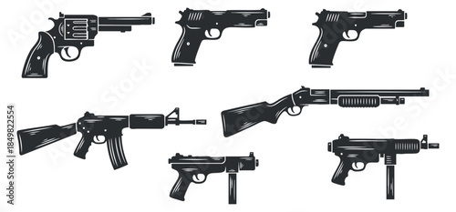 A collection of various handguns and revolvers in black outline vector style, suitable for graphic design and illustration projects