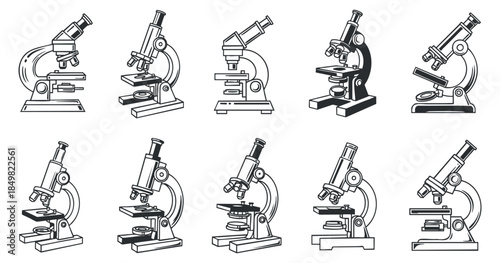 A set of eight microscope illustrations in black and white outline vector style, suitable for educational and scientific projects