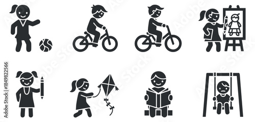 A collection of children engaging in various activities like soccer, biking, drawing, and playing in flat black and white vector style, perfect for educational and recreational themes