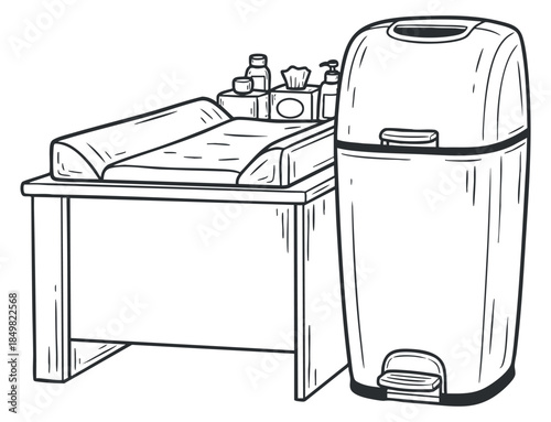 A kitchen sink and trash bin in a black and white minimalist vector style, ideal for home interior design and organization projects