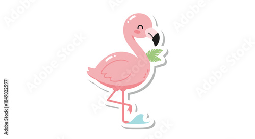 Delightful pink flamingo cartoon with a tropical leaf creating a summery feel