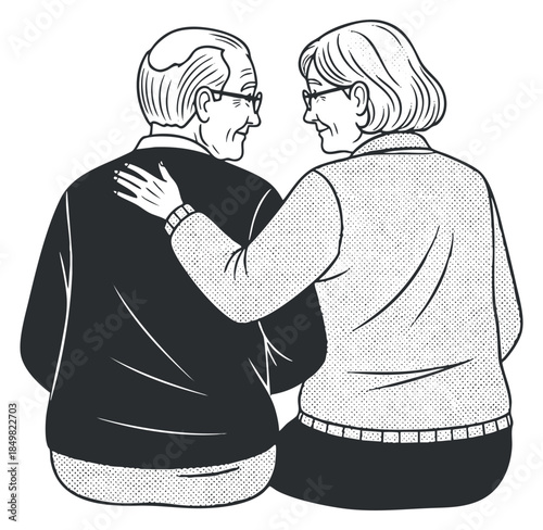 A black and white vector illustration of an elderly couple sitting together, showcasing love and affection with a warm embrace, ideal for themes of family and companionship