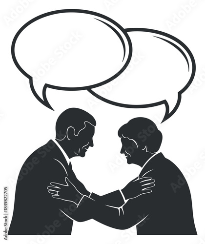 Two people engaging in a conversation with speech bubbles in black and white outline vector style, suitable for communication and teamwork themes