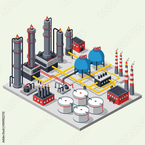 Isometric illustration of a large industrial oil refinery or chemical plant with various processing units, storage tanks, and pipelines.