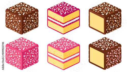 These isometric vector illustrations depict chocolate and raspberry lamingtons, showcasing whole coconut-dusted cubes alongside cross-sections that reveal fluffy sponge and jam layers
