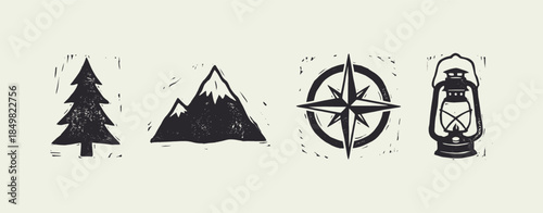 Vintage Outdoor Adventure Icons Set: Tree, Mountain, Compass, and Lantern Woodcut Style