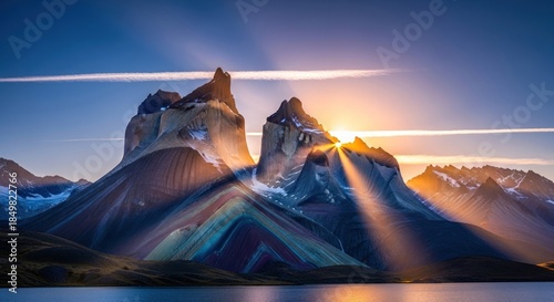 Majestic mountain peaks at sunset with sun rays over the lake.