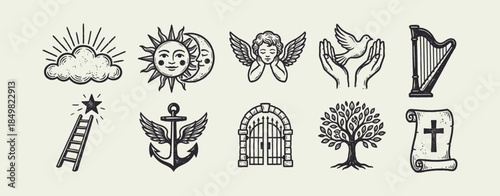 Heavenly and Spiritual Symbols Collection in Retro Woodcut Engraving Style