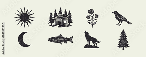 Rustic Woodcut Style Wilderness Icons Set: Sun, Moon, Cabin, Wolf, and Wildlife