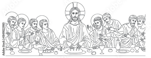 An outline illustration of the Last Supper featuring Jesus and his disciples in minimalist vector style, suitable for religious art and educational materials
