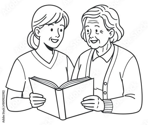 A young woman and an elderly woman reading a book together in a clean line art vector style, ideal for educational and caregiving themes