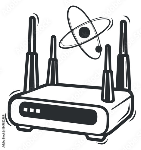 A wireless router with antennas and an atomic symbol in flat modern vector style, suitable for technology and communication designs