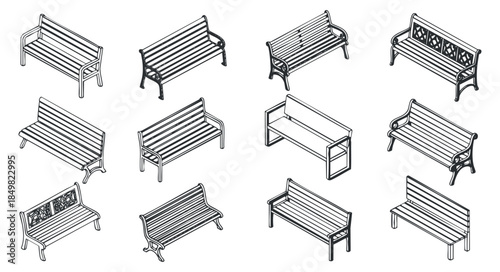 A collection of various bench designs in black and white outline vector style, perfect for urban planning and landscape design