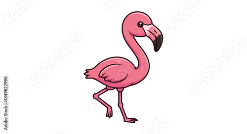 Illustrative pink flamingo wading and looking charming, isolated on a clean white backdrop
