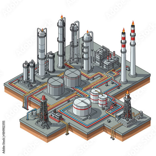 Isometric illustration of a detailed oil refinery or chemical plant with tanks, columns, pipes, and flare stacks.