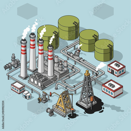 Isometric illustration of an oil refinery and extraction site with smokestacks, storage tanks, pipelines, and oil derricks.