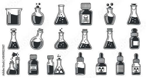 A collection of laboratory glassware and bottles in black and white outline vector style, perfect for educational materials or scientific designs
