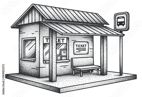 A detailed illustration of a ticket booth with a waiting area in dotted sketch vector style, suitable for travel-related designs