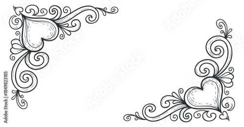 A decorative border featuring ornate hearts and swirls in black and white hand-drawn vector style, ideal for romantic invitations or wedding designs