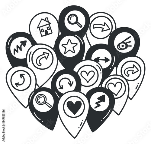 A collection of various location pins featuring icons like a house, heart, and star in black and white outline vector style, suitable for user interface design