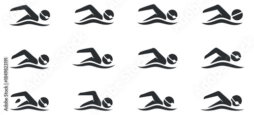 A set of swimmer icons in black and white minimalist vector style, suitable for sports-related designs and fitness branding