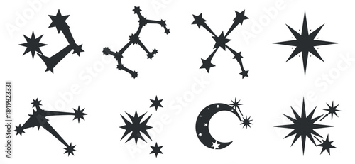 A collection of various star and moon icons in black vector style, perfect for celestial-themed designs and graphics