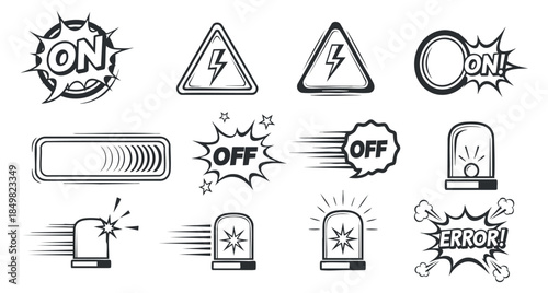 A collection of alert and warning icons including on/off symbols, error messages, and emergency lights in modern black and white vector style, suitable for tech and safety applications