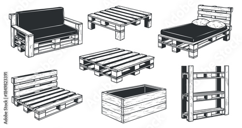 A collection of wooden pallet furniture designs including a couch, bed, table, and storage in minimalist vector style, ideal for eco-friendly home decor