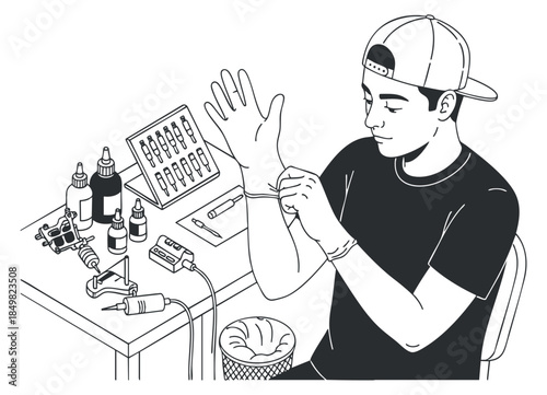 A tattoo artist preparing for work in a minimalist black and white vector style, ideal for creative and artistic projects