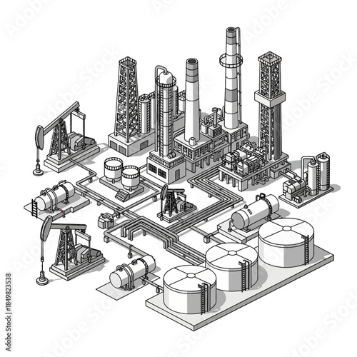 Isometric illustration of an oil refinery and petrochemical industrial complex with derricks, tanks, and pipelines.