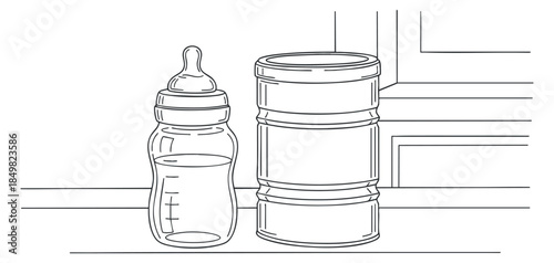 A baby bottle and storage container in a clean line art minimalist vector style, perfect for parenting and baby care projects