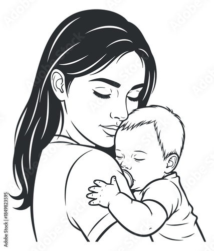 A mother holding her sleeping baby in a black and white line art vector style, perfect for parenting and family themes