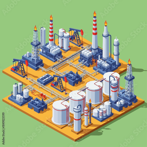 Isometric view of a detailed oil refinery and gas processing industrial complex with tanks, pipelines, and derricks.