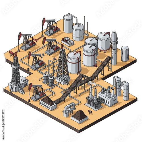 Isometric illustration of an oil field and refinery complex with pumpjacks, storage tanks, and processing units.
