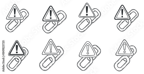A set of warning icons featuring exclamation marks inside triangle shapes with chain links in minimalist black and white vector style, suitable for safety and alert designs