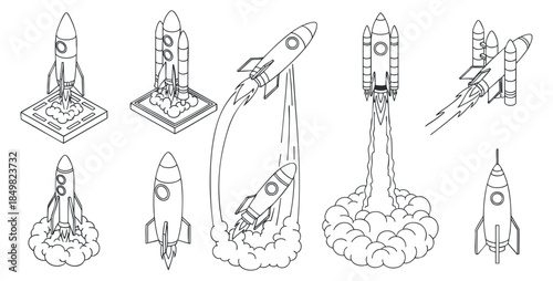 A collection of rocket illustrations in outline style, featuring various designs and launch scenarios, ideal for space-themed projects and technology branding
