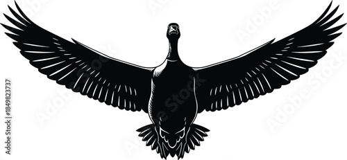 Flying wild goose vector illustration, black silhouette with spreading wings, front view bird design, isolated nature animal art for hunting logo style