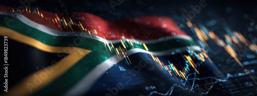 South African flag stands out against digital financial graphs and data visuals at night with a tech theme