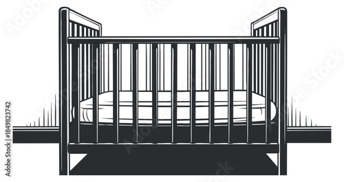 A black and white minimalist vector illustration of a wooden crib with slatted sides, suitable for nursery design and childcare themes